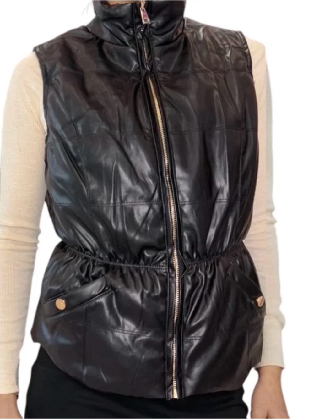 Love Token Black Faux Leather Puffer Vest with Snap Pockets